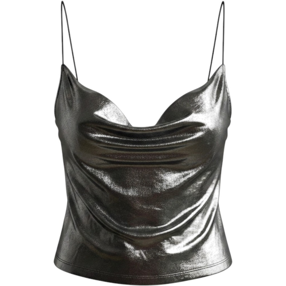 Divided Metallic Silver Cowl Neck Cami Crop Top S Cyber Rave Club Shirt Strappy